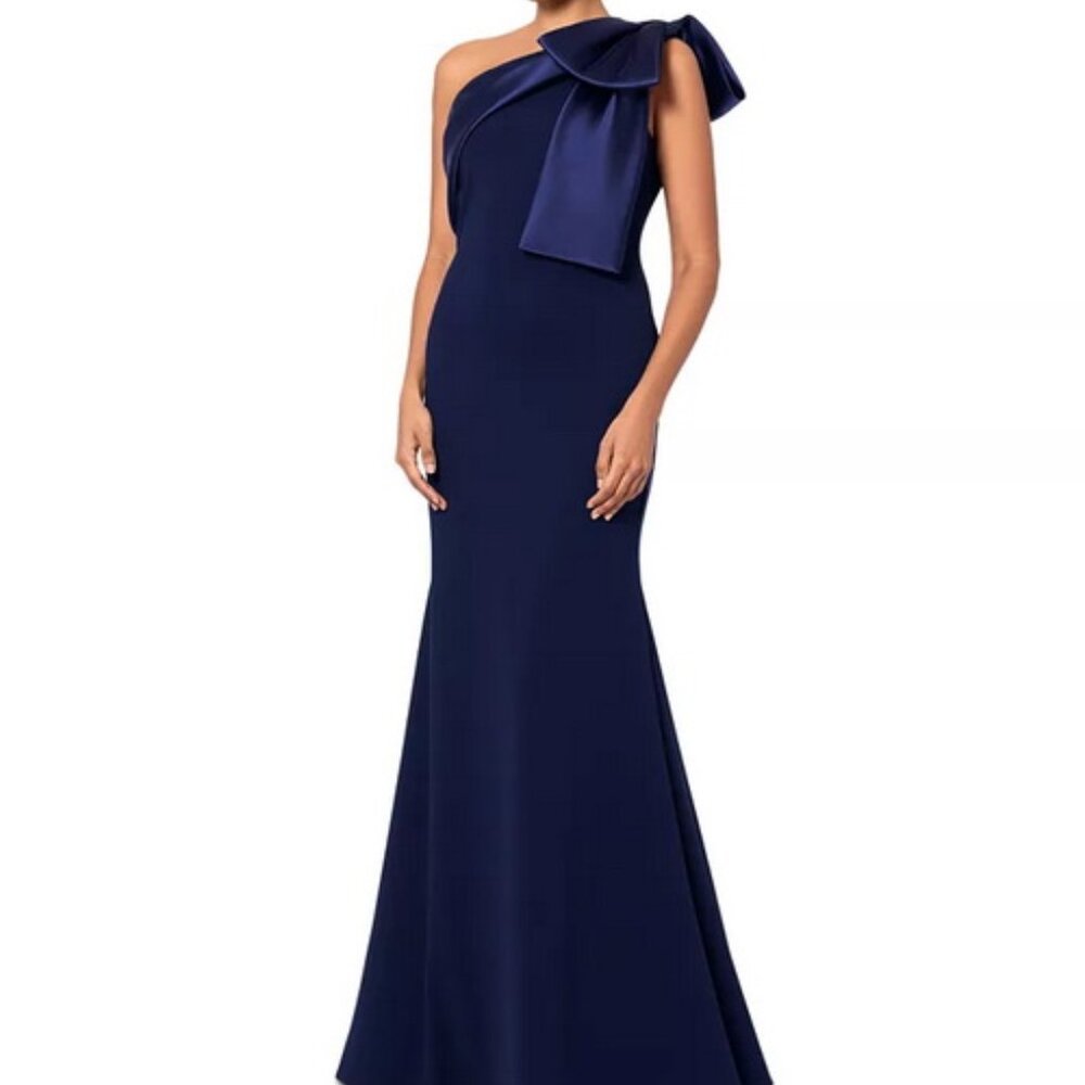 Betsy & Adam Navy Blue Bow One-Shoulder Crepe Mermaid Gown